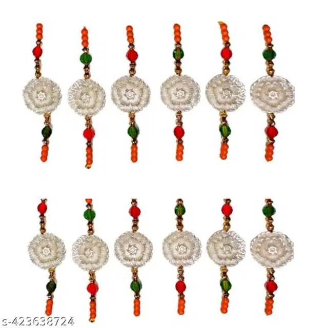 Handmade Designer Rakhi with Roli Chawal, Multicolor, Pack of 12