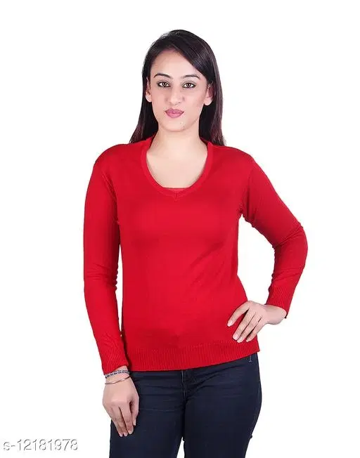 Acrylic Solid Sweater for Women (Red, M)