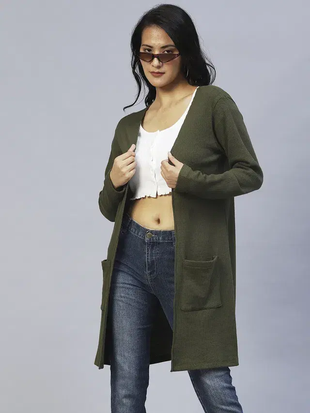 Women's Front Open Long Shrug (Olive Green, Free Size)