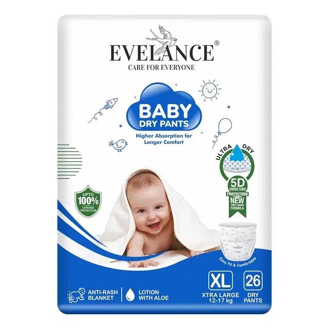 Evelance Baby Diaper Pants, Ultra Soft Cottony Feel, Fast Absorption, And Anti-Leak Protection For All-Day Dryness | Xl | 12–17 Kg | 26 Count
