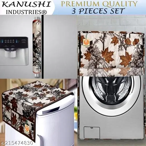 KANUSHI Industries® Front Load Automatic Washing Machine Cover + 1 Pc Fridge Covers/Refrigerator Cover + 1 Pc Fridge Handle Cover (WASMAC-Front+FRI+1-Handle-Brown-SHUB)