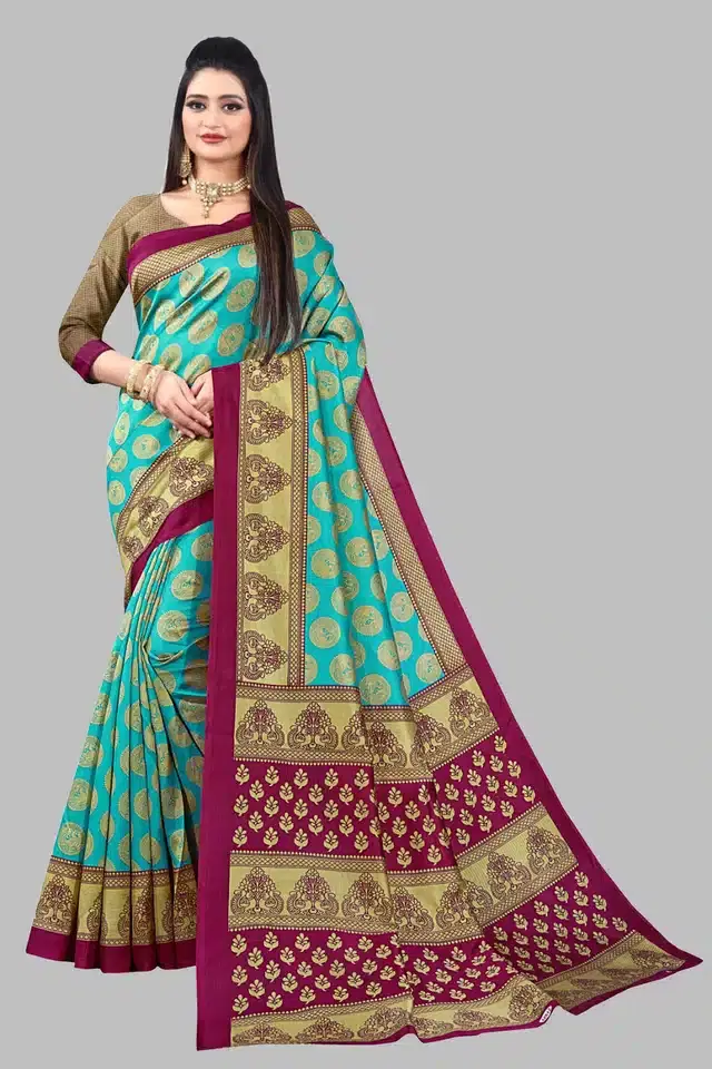 Printed Saree with Unstitched Blouse Piece for Women (Teal, 6 m)