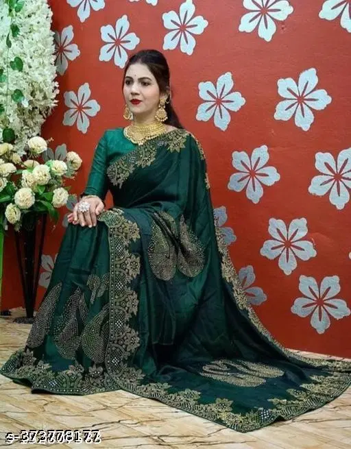 Vichitra Silk Embellished Saree For Women, Green