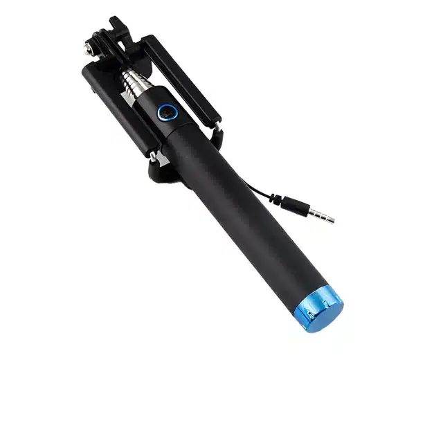 Universal Mini Selfie Stick with Aux Cable, Black & Blue