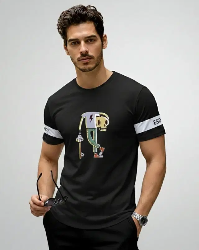 Polyester Printed T-shirt for Men, Black (M)