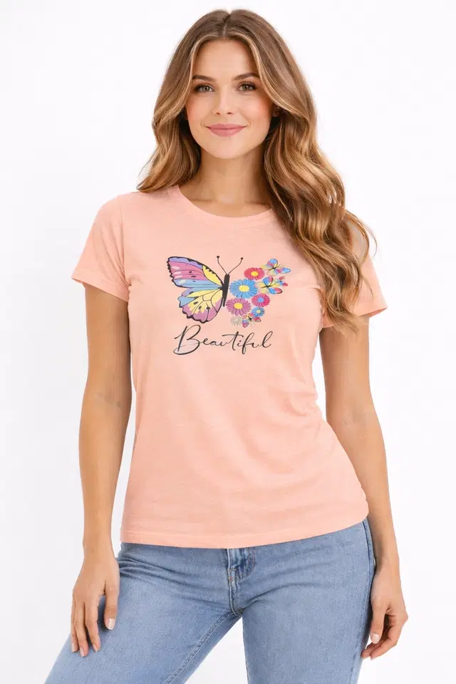 Cotton Blend Printed T-shirt for Men, Peach (S)