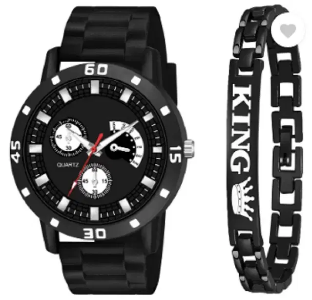 Analog Watch with Bracelet for Men & Boys, Set of 2 (Black)