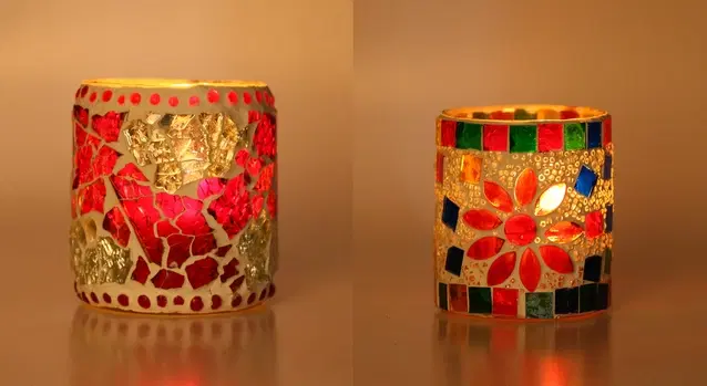 Glass Decorative Tea Light Holders, Multicolor, Pack of 2