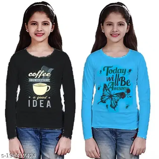 Cotton Full Sleeves T-Shirt for Girls, Pack of 2 (Black & Sky Blue, 6-7 Years)