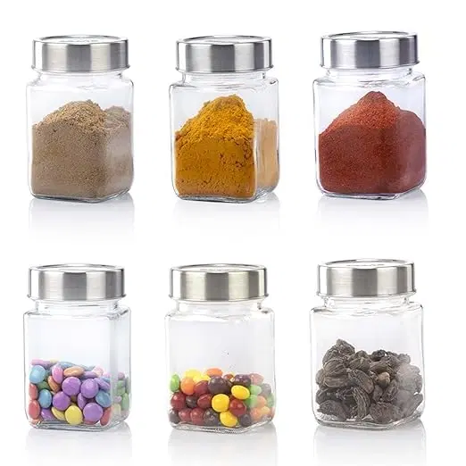 Afast Clear glass cubic jar with steel cap 500ml (Pack of 6 )