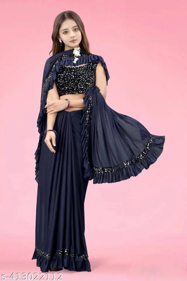 Self-Design Fancy Saree for Girls with Blouse (Navy Blue, 11-12 Years)