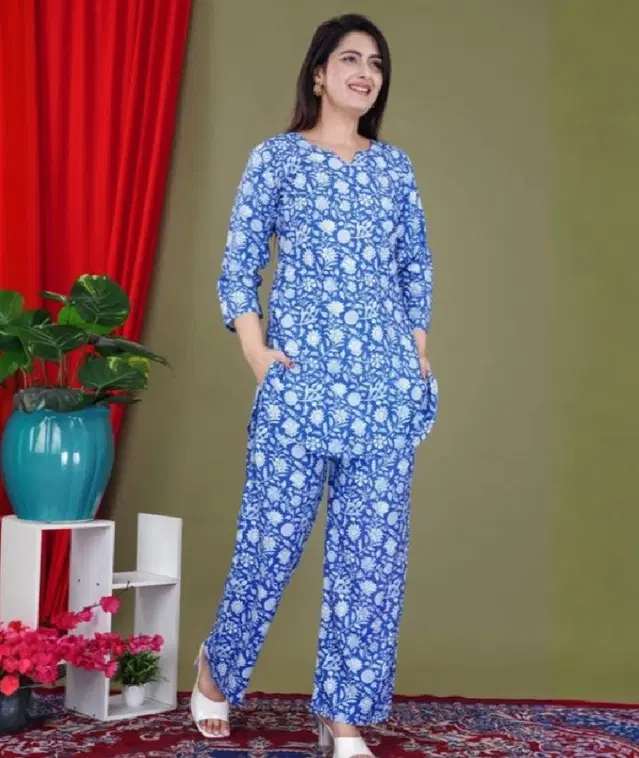 Rayon Top & Bottom Set for Women (Sky Blue, S)