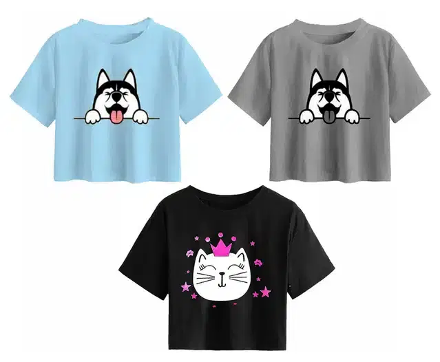 Cotton Printed Crop Tops for Girls, Pack of 3 (Multicolor, 13-14 Years)