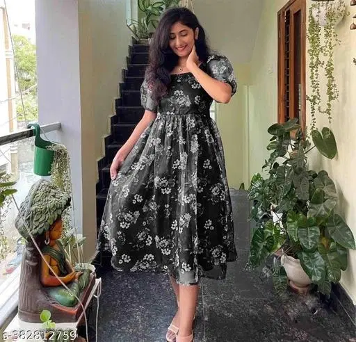 Printed Party Gown for Women (Black, XS)