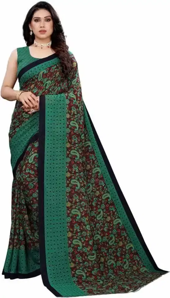 Kanooda Fancy Women Georgette Flower Printed Saree (Green) (K-015)