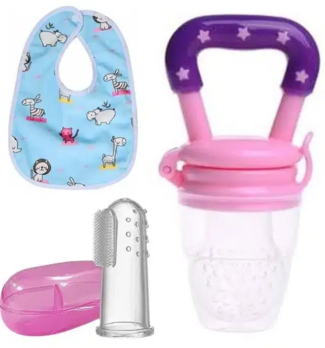 Silicone Fruit Feeder with Finger Brush & Bib for Kids, Multicolor, Set of 3