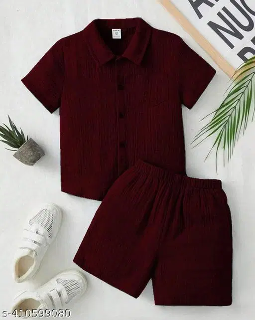 Cotton Spandex Shirt and Short Set for Boys (Maroon, 0-3 Months)