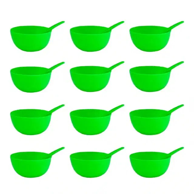 Plastic Round Shape Soup Bowls with Spoons, Green, Pack of 12
