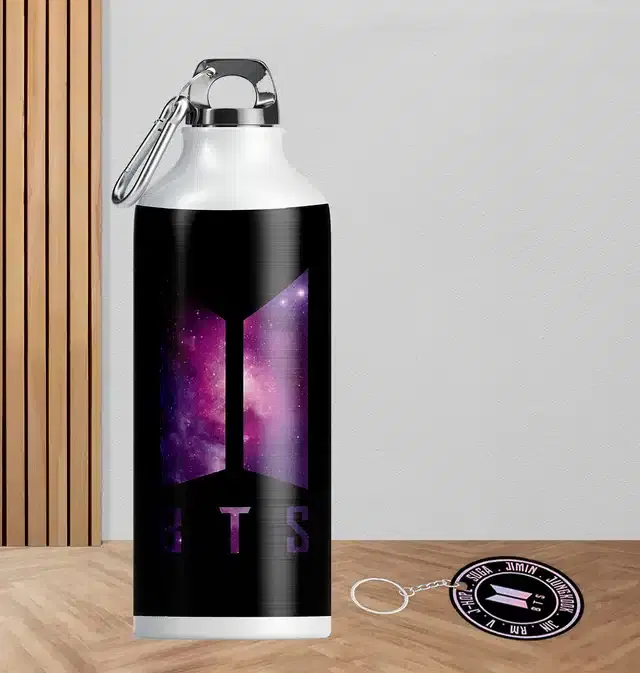 BTS Army Logo Aluminium Printed Sipper Bottle with Keychain, Pack of 2, Multicolor, 750 ml, Gt-127