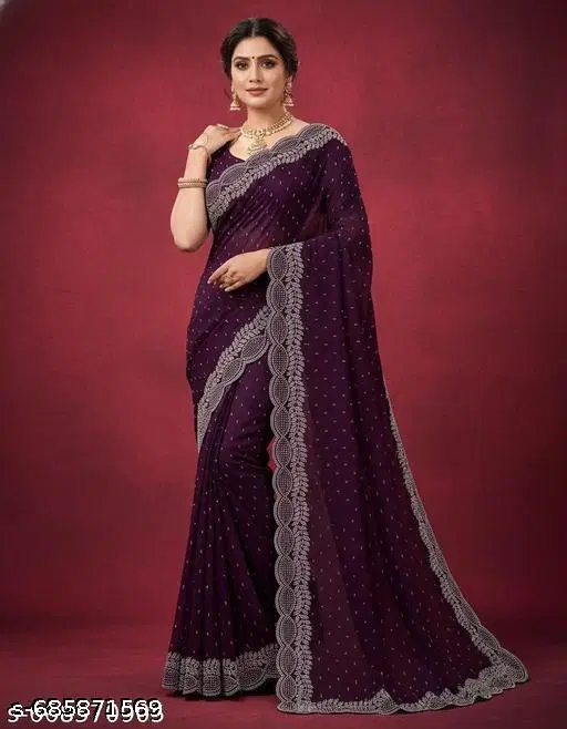 Georgette Embroidered Saree For Women, Purple