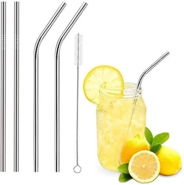 Stainless Steel Reusable 4 Pcs Straws with Cleaning Brush, Silver, Set of 5