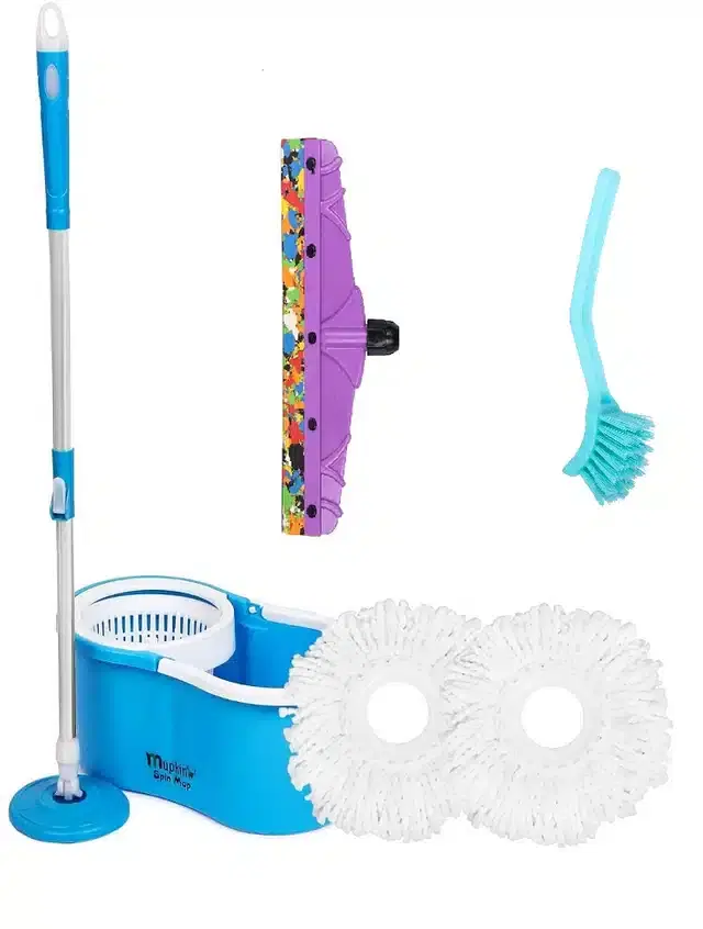 PVC Magic Spin Bucket Mop with 2 Refill & Cleaning Accessories Set, Blue, Set of 3