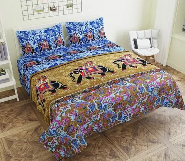Polycotton Double Bedsheet with 2 Pillow Cover, Multicolor, 90x90 inches