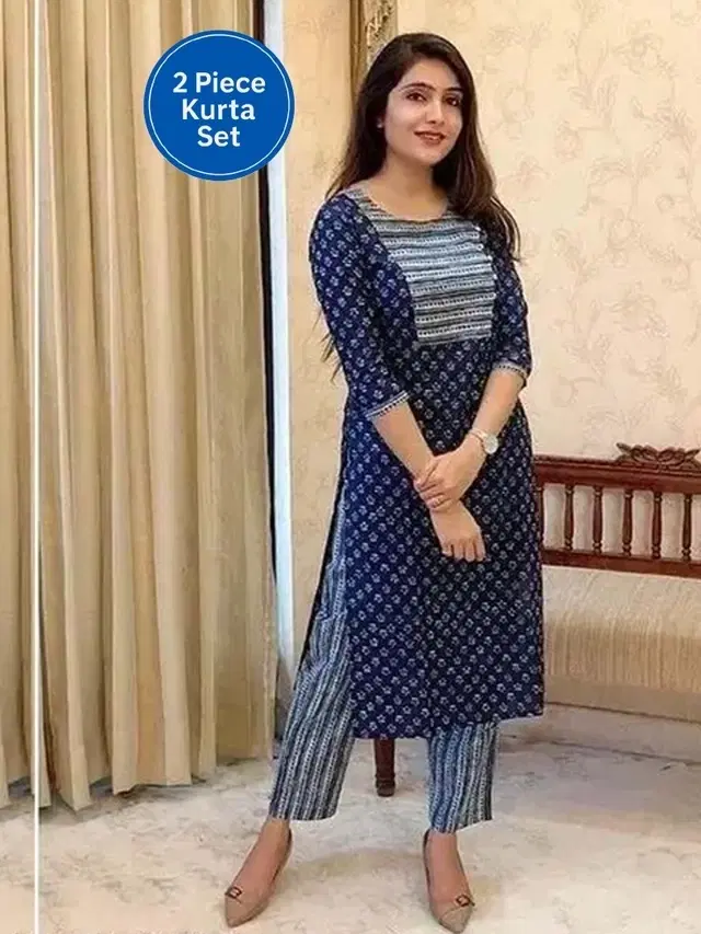 Rayon Printed Women's Kurta with Pant Set, Blue (M)