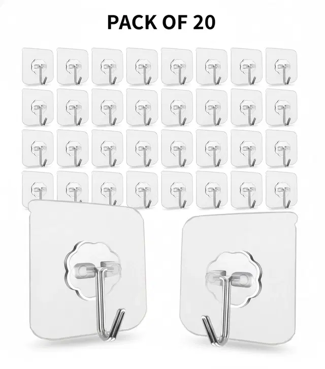 Plastic Wall Hooks, Transparent (Pack of 20)