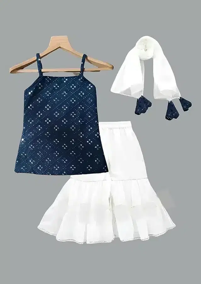 Rayon Embroidered Kurti with Sharara & Dupatta for Girls (Navy Blue & White, 3-4 Years)