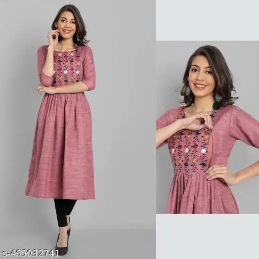 Botanical Embroidered Maternity Kurti (Pink, XL)
