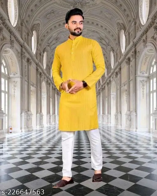 Mandarin Neck Kurta for Men (Yellow, XL)