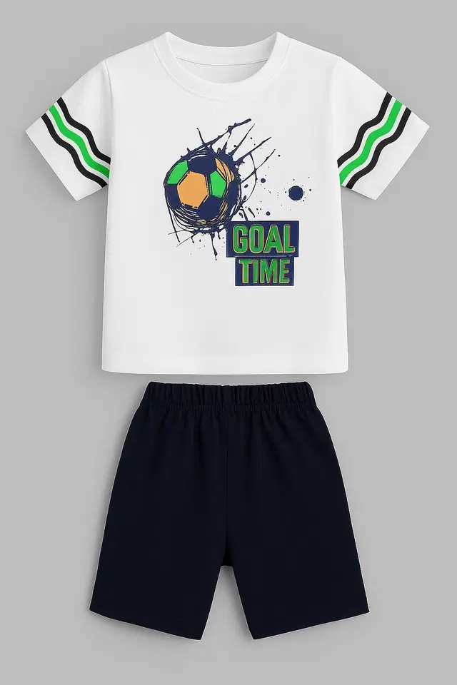 Cotton Blend Printed Clothing Set for Boys, White & Black (2-3 Years)