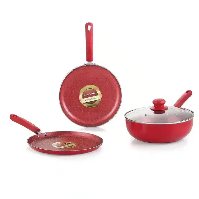 Aluminium Non Stick Tawa, Sauce Pan & Kadahi with Lid, Maroon, Set of 3