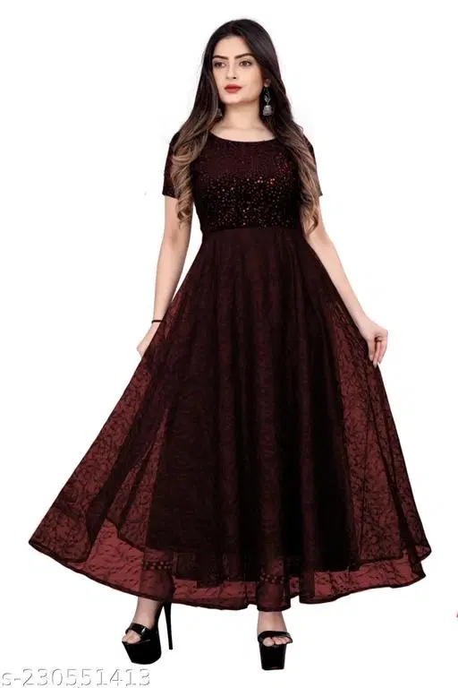 Net Embellished Gown for Women (Maroon, XL)