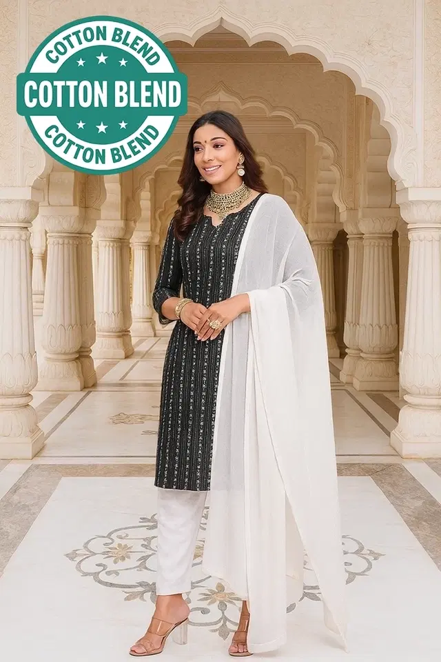 Cotton Blend Striped Kurti for Women, Black (S)