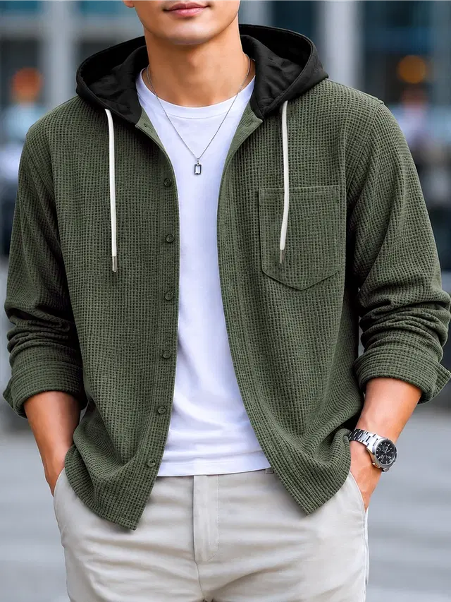 Solid Hooded Shirt for Men (Green, S)