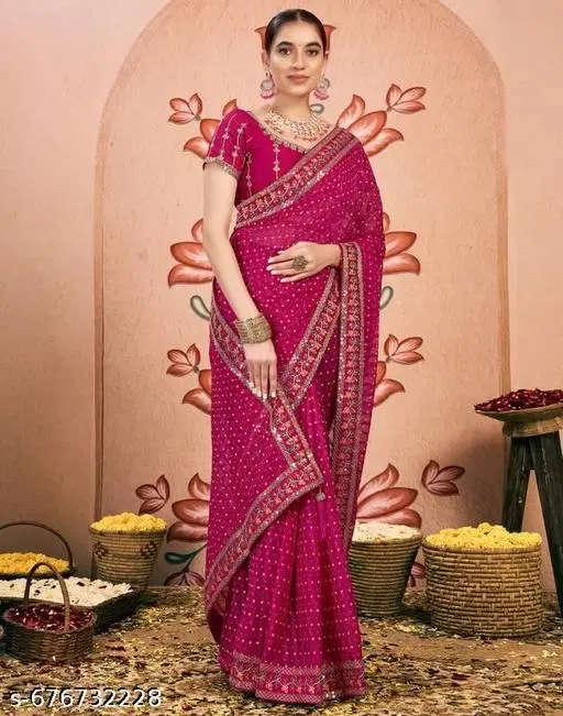 Chiffon Embroidered Saree For Women, Pink