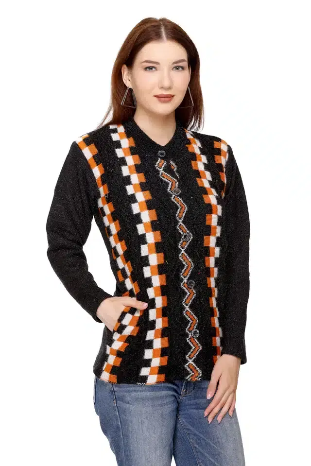 Woolen Jacquard Cardigan for Women (Black, Free Size)