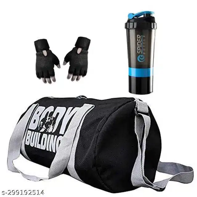 Combo of Gym Bag with Shaker Bottle, 600 ml, Gloves, Multicolor, Set of 3