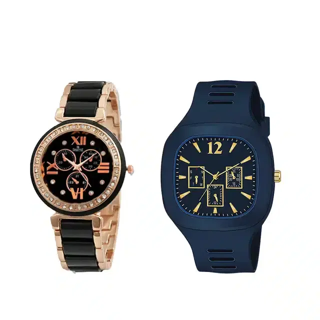 Analog Watch for Men & Women, Pack of 2 (Black & Navy Blue)