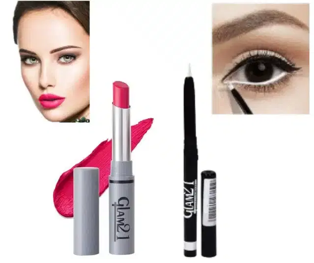 Glam21 Long Lasting Non Transfer Lipstick with Kajal, Magenta & White, Set of 2