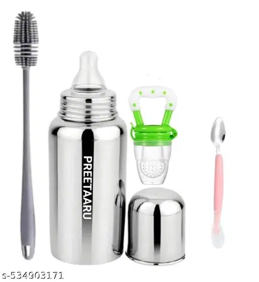 Baby Steel Feeding Bottlel,Fruit Nibbler, Bottle Cleaning Brush With Cutter Spoon