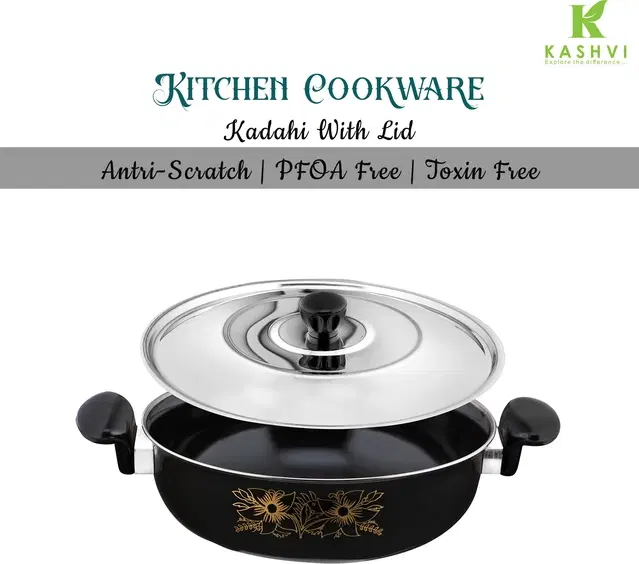 Cast Iron Kadai with Lid, Black & Silver, 28 cm