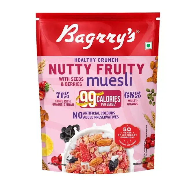 Bagrry's Crunchy Nutty Fruity Mueli with Seed & berries 89% Fruits, Nuts, Grains & Seeds, 425 g