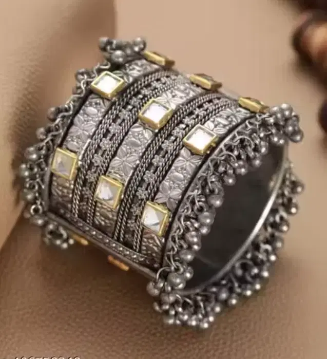 Kundan Studded Ghungroo Cuff Bracelet for Women, Silver