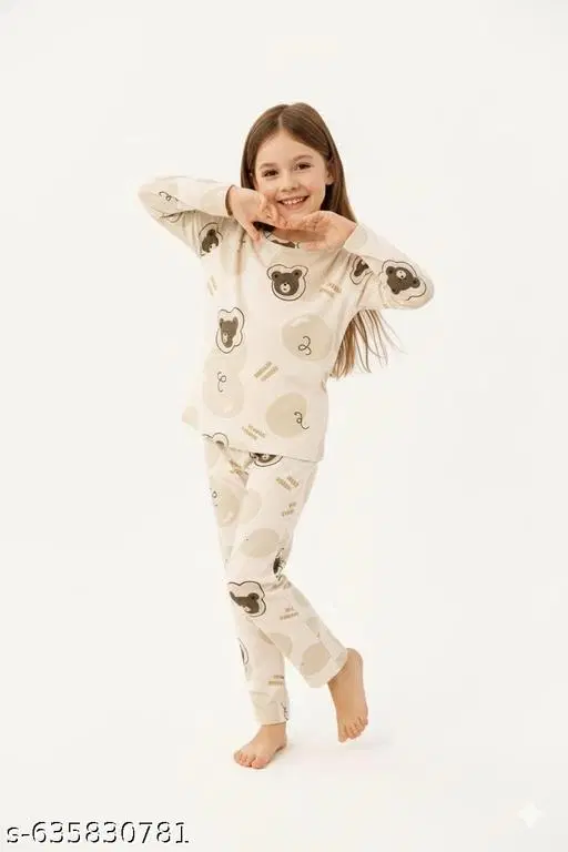 Night Suit for Girls (White, 3-4 Years)
