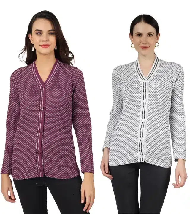 Woollen Blend Full Sleeves Cardigan for Women, Pack of 2 (Purple & White, L)