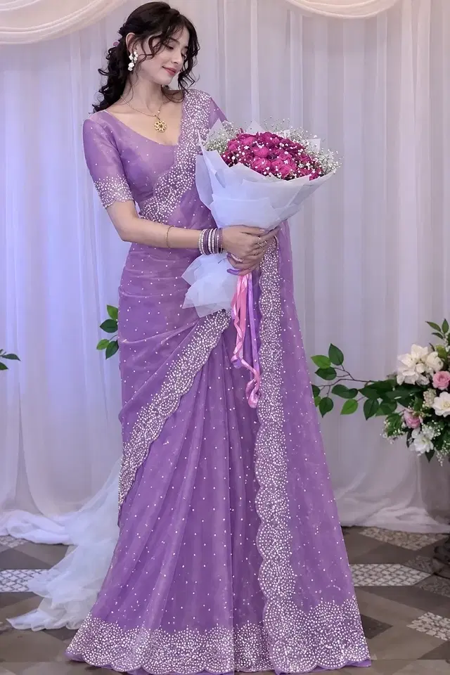 Jimmy Choo Embroidered Saree For Women, Lavender