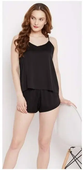 Satin Solid Babydoll for Women (Black, S)